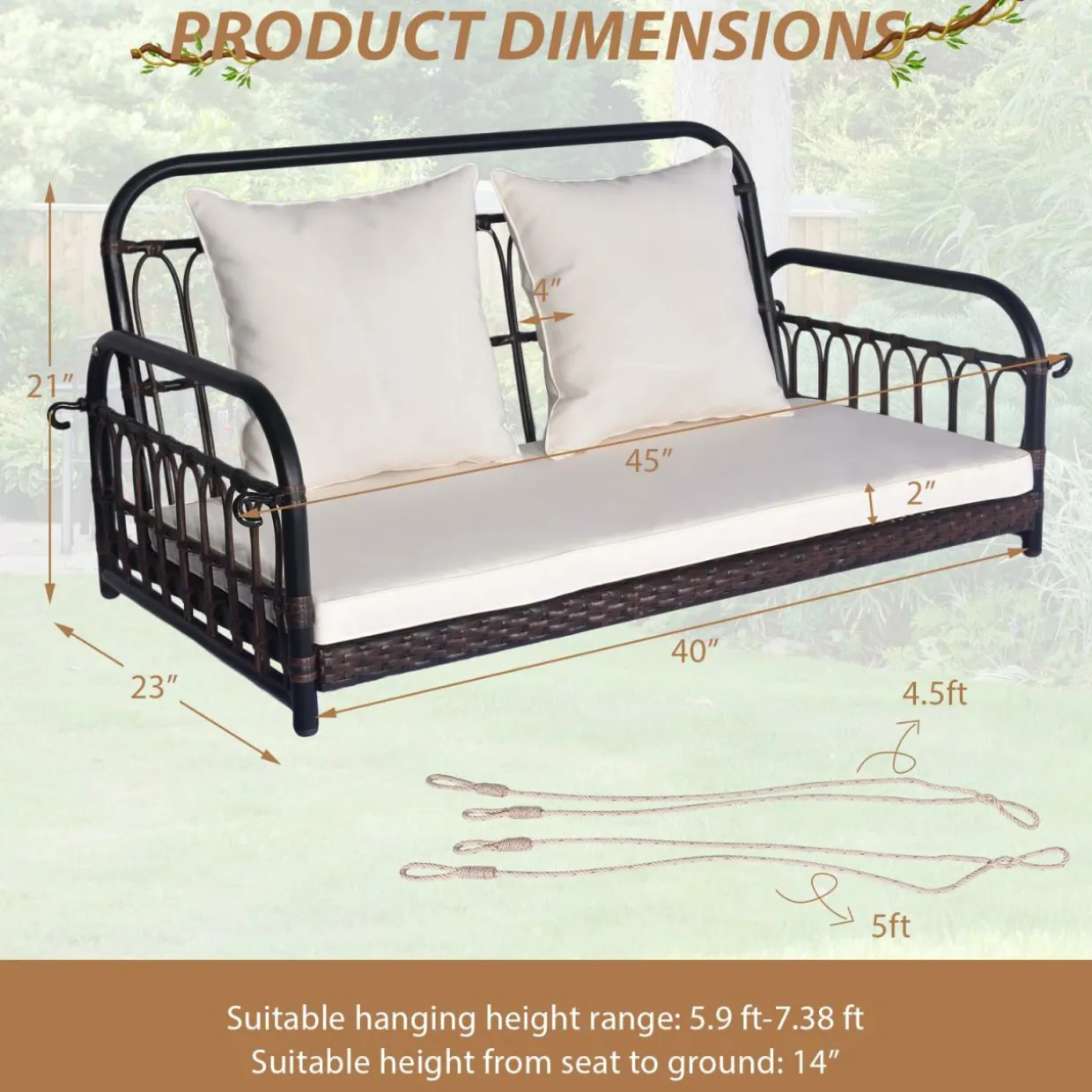Tangkula Outdoor Wicker Porch Swing, 2-Person Hanging Seat with Seat & Back Cushions