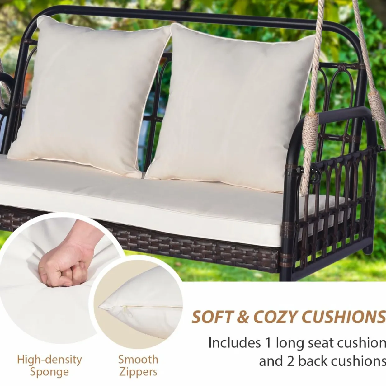 Tangkula Outdoor Wicker Porch Swing, 2-Person Hanging Seat with Seat & Back Cushions