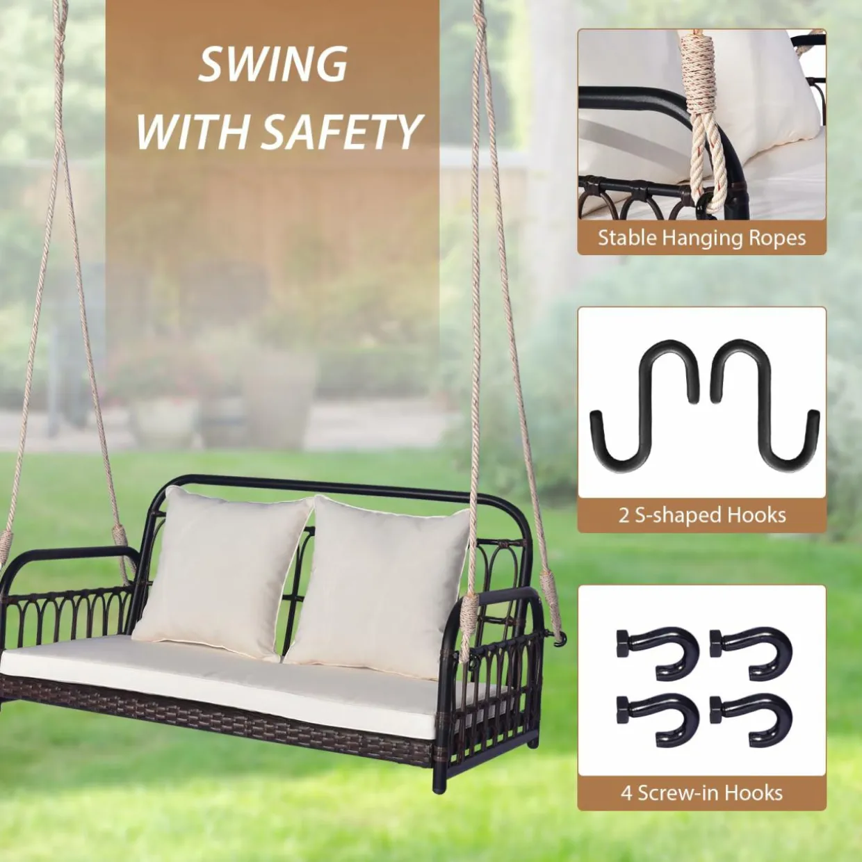 Tangkula Outdoor Wicker Porch Swing, 2-Person Hanging Seat with Seat & Back Cushions
