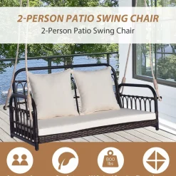 Tangkula Outdoor Wicker Porch Swing, 2-Person Hanging Seat with Seat & Back Cushions