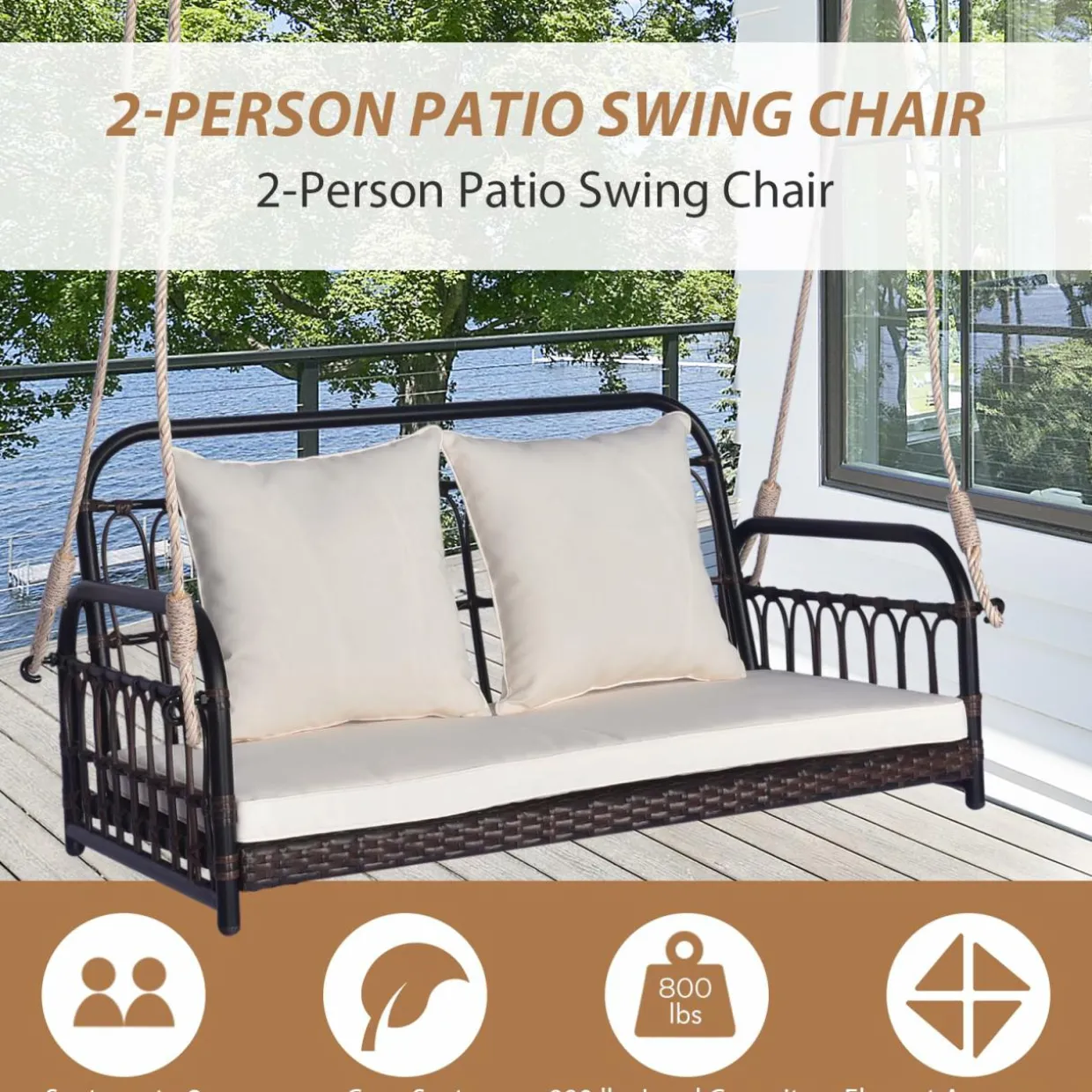 Tangkula Outdoor Wicker Porch Swing, 2-Person Hanging Seat with Seat & Back Cushions