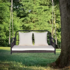 Tangkula Outdoor Wicker Porch Swing, 2-Person Hanging Seat with Seat & Back Cushions