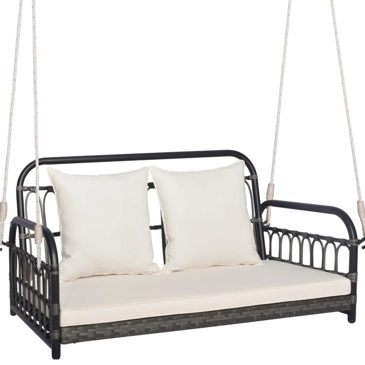 Tangkula Outdoor Wicker Porch Swing, 2-Person Hanging Seat with Seat & Back Cushions