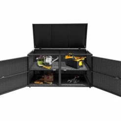 Tangkula Outdoor Wicker Storage Box, Garden Deck Bin with Steel Frame