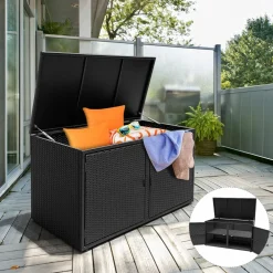 Tangkula Outdoor Wicker Storage Box, Garden Deck Bin with Steel Frame