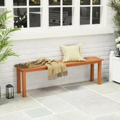 Tangkula Outdoor Wood Bench, 59” Long Patio Dining Bench, Backless Wooden Bench with Teak Oil Finish & Slat Seat