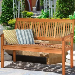 Tangkula Outdoor Wood Bench, Two Person Solid Wood Garden Bench w/Curved Backrest and Wide Armrest