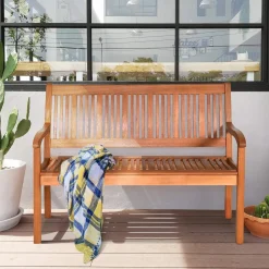 Tangkula Outdoor Wood Bench, Two Person Solid Wood Garden Bench w/Curved Backrest and Wide Armrest
