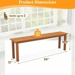 Tangkula Outdoor Wood Bench, 59” Long Patio Dining Bench, Backless Wooden Bench with Teak Oil Finish & Slat Seat