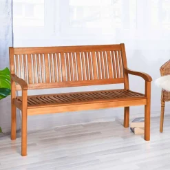Tangkula Outdoor Wood Bench, Two Person Solid Wood Garden Bench w/Curved Backrest and Wide Armrest