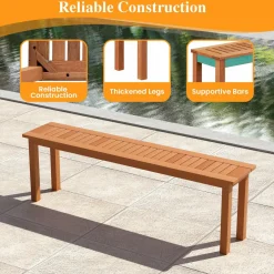 Tangkula Outdoor Wood Bench, 59” Long Patio Dining Bench, Backless Wooden Bench with Teak Oil Finish & Slat Seat