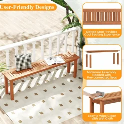 Tangkula Outdoor Wood Bench, 59” Long Patio Dining Bench, Backless Wooden Bench with Teak Oil Finish & Slat Seat