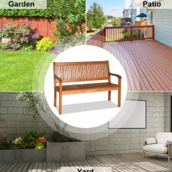 Tangkula Outdoor Wood Bench, Two Person Solid Wood Garden Bench w/Curved Backrest and Wide Armrest