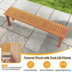 Tangkula Outdoor Wood Bench, 59” Long Patio Dining Bench, Backless Wooden Bench with Teak Oil Finish & Slat Seat