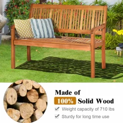 Tangkula Outdoor Wood Bench, Two Person Solid Wood Garden Bench w/Curved Backrest and Wide Armrest