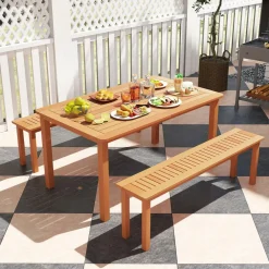 Tangkula Outdoor Wood Bench, 59” Long Patio Dining Bench, Backless Wooden Bench with Teak Oil Finish & Slat Seat