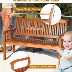Tangkula Outdoor Wood Bench, Two Person Solid Wood Garden Bench w/Curved Backrest and Wide Armrest