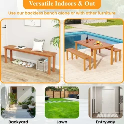 Tangkula Outdoor Wood Bench, 59” Long Patio Dining Bench, Backless Wooden Bench with Teak Oil Finish & Slat Seat