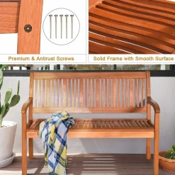 Tangkula Outdoor Wood Bench, Two Person Solid Wood Garden Bench w/Curved Backrest and Wide Armrest