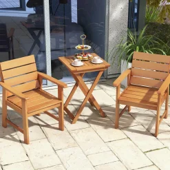 Tangkula Outdoor Wood Bistro Set, 2 Hardwood Chairs & Folding Bistro Table Set, Slatted Seat & Tabletop