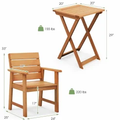 Tangkula Outdoor Wood Bistro Set, 2 Hardwood Chairs & Folding Bistro Table Set, Slatted Seat & Tabletop