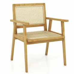 Tangkula Outdoor Wood Chair, Teak Wood Armchair with Rattan Seat & Back