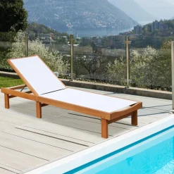 Tangkula Outdoor Wood Chaise Lounge Chair, Patio Chaise Lounger with 5-Postion Adjustable Back