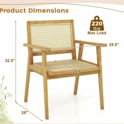 Tangkula Outdoor Wood Chair, Teak Wood Armchair with Rattan Seat & Back