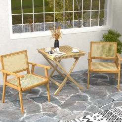 Tangkula Outdoor Wood Chair, Teak Wood Armchair with Rattan Seat & Back