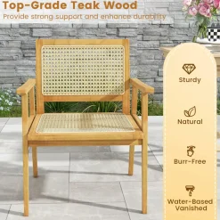 Tangkula Outdoor Wood Chair, Teak Wood Armchair with Rattan Seat & Back