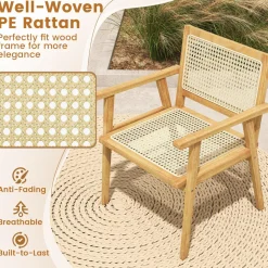 Tangkula Outdoor Wood Chair, Teak Wood Armchair with Rattan Seat & Back