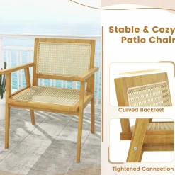 Tangkula Outdoor Wood Chair, Teak Wood Armchair with Rattan Seat & Back