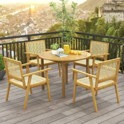 Tangkula Outdoor Wood Chair, Teak Wood Armchair with Rattan Seat & Back