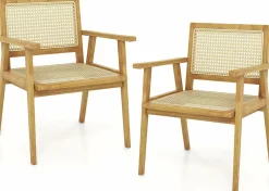 Tangkula Outdoor Wood Chair, Teak Wood Armchair with Rattan Seat & Back