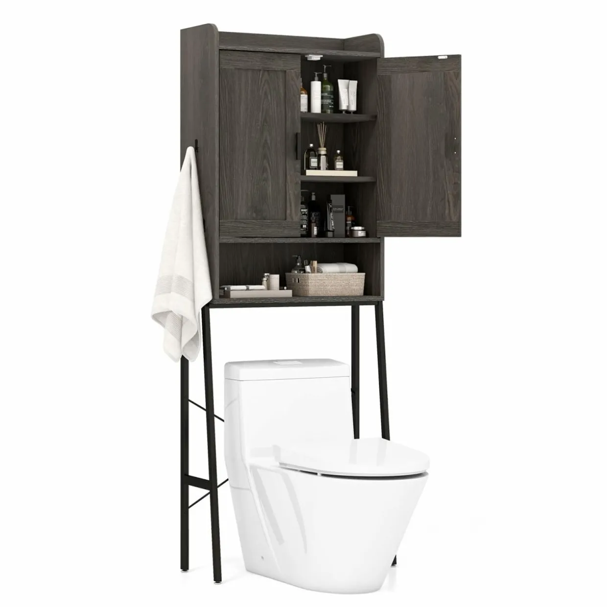 Tangkula Over The Toilet Storage Cabinet, Bathroom Space Saver Organizer Above Toilet with Double Doors & Metal Frame