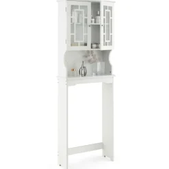 Tangkula Over The Toilet Storage Cabinet, Freestanding Over Toilet Storage Rack w/ 2 Tempered Glass Doors