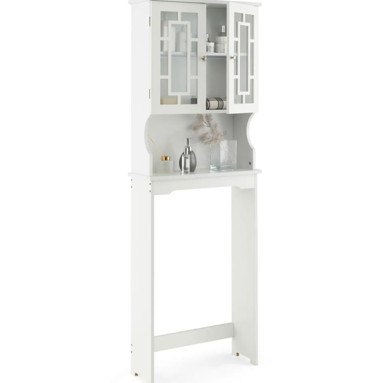 Tangkula Over The Toilet Storage Cabinet, Freestanding Over Toilet Storage Rack w/ 2 Tempered Glass Doors