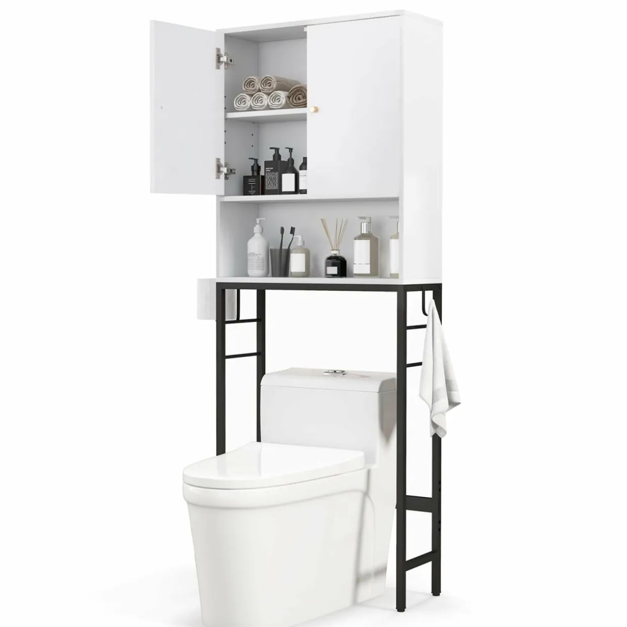 Tangkula Over The Toilet Storage Cabinet, Freestanding Toilet Rack w/ 2 Doors, Adjustable Shelf