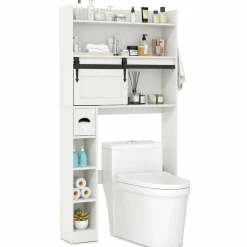 Tangkula Over The Toilet Storage Cabinet, Farmhouse Freestanding Above Toilet Rack w/Sliding Barn Door