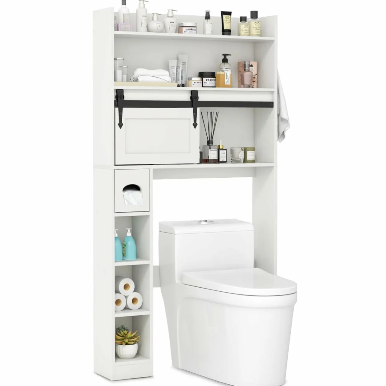 Tangkula Over The Toilet Storage Cabinet, Farmhouse Freestanding Above Toilet Rack w/Sliding Barn Door