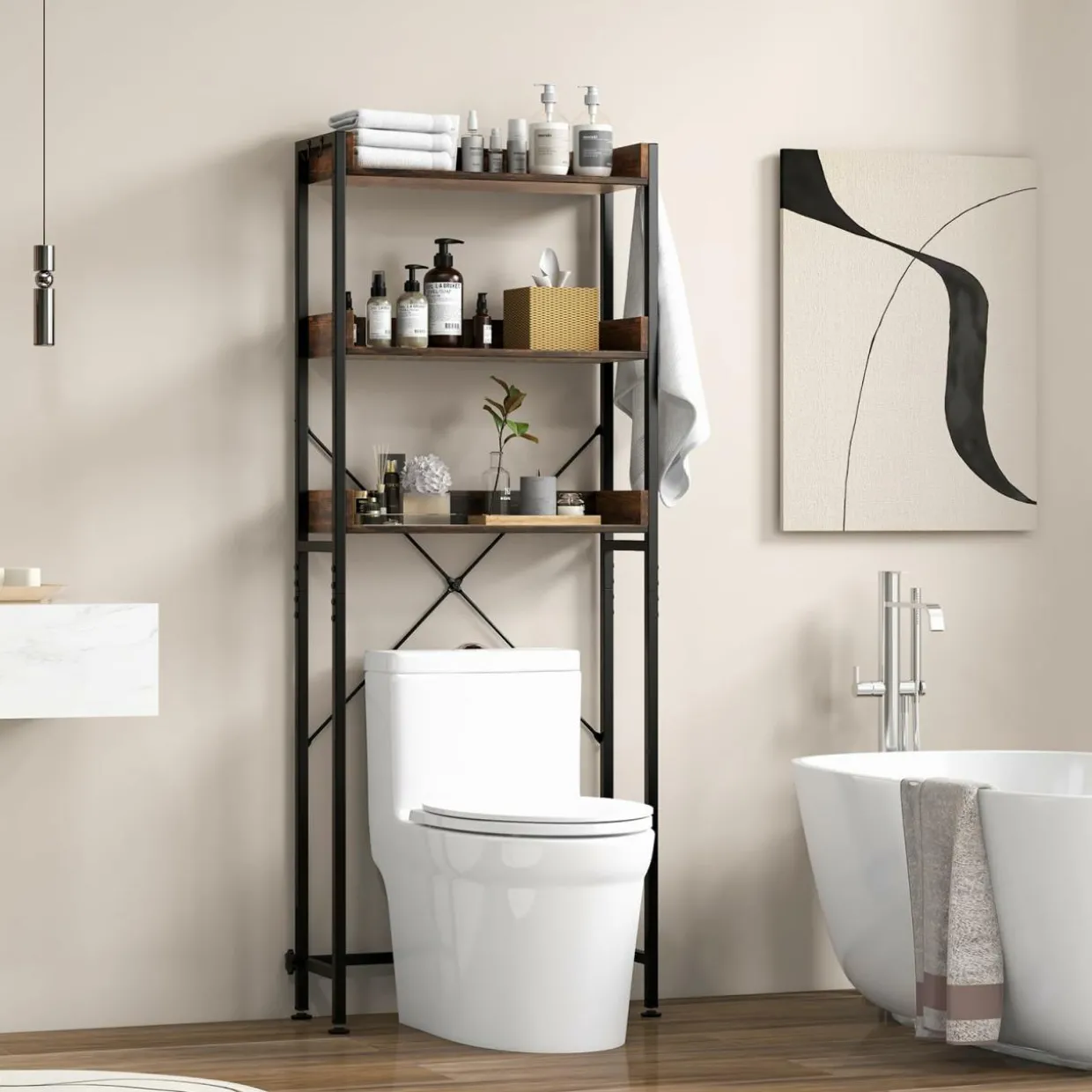 Tangkula Over The Toilet Storage Rack, 3-Tier Bathroom Space Saver w/ 4 Hooks & Adjustable Bottom Bar