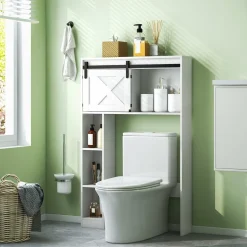 Tangkula Over The Toilet Storage Cabinet, Freestanding Bathroom Organizer Above Toilet with Sliding Barn Door & Storage Shelves