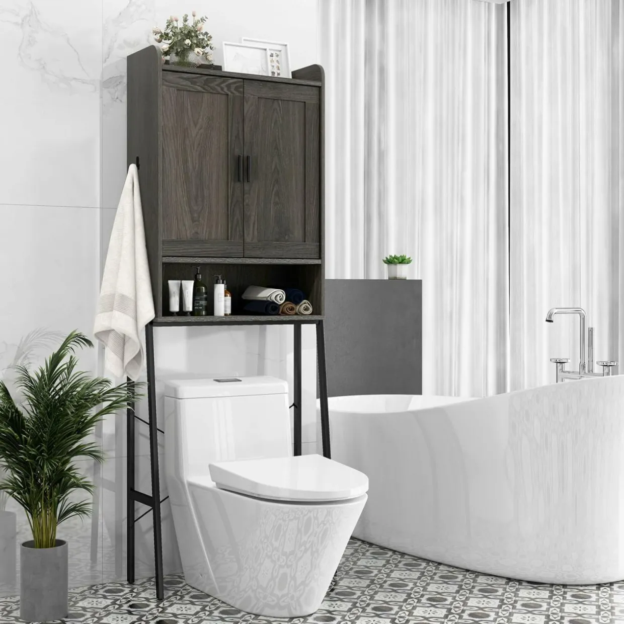Tangkula Over The Toilet Storage Cabinet, Bathroom Space Saver Organizer Above Toilet with Double Doors & Metal Frame