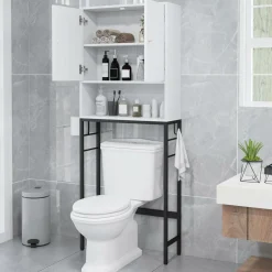 Tangkula Over The Toilet Storage Cabinet, Freestanding Toilet Rack w/ 2 Doors, Adjustable Shelf