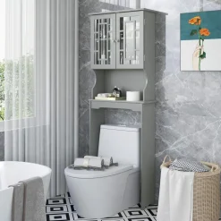 Tangkula Over The Toilet Storage Cabinet, Freestanding Over Toilet Storage Rack w/ 2 Tempered Glass Doors