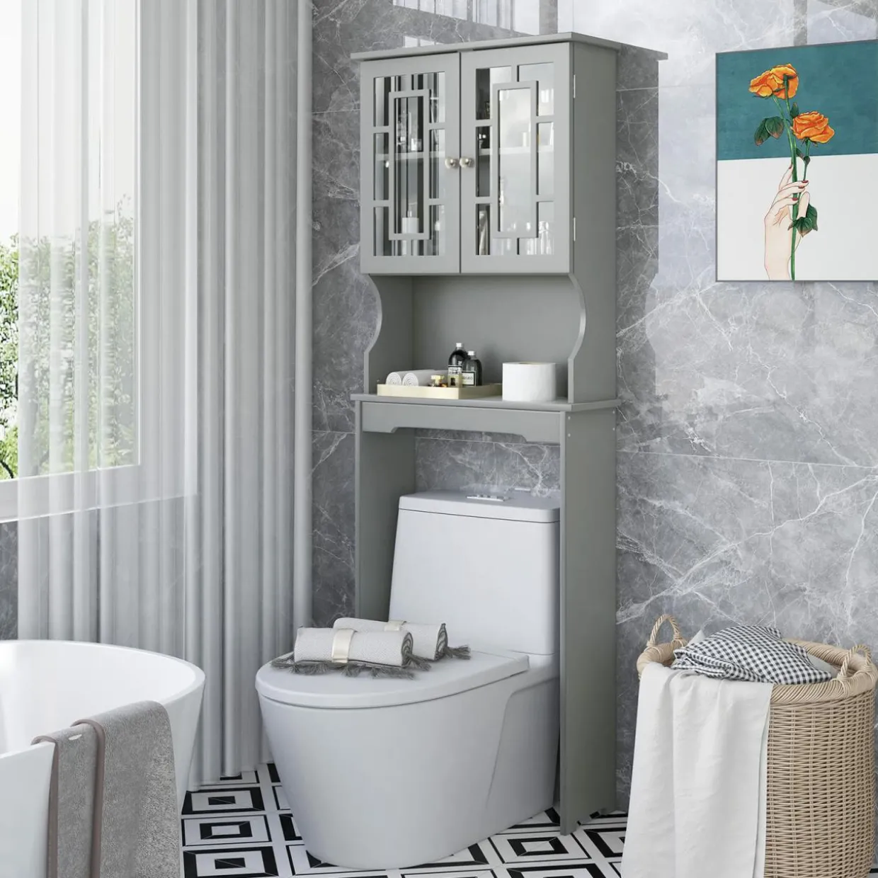 Tangkula Over The Toilet Storage Cabinet, Freestanding Over Toilet Storage Rack w/ 2 Tempered Glass Doors