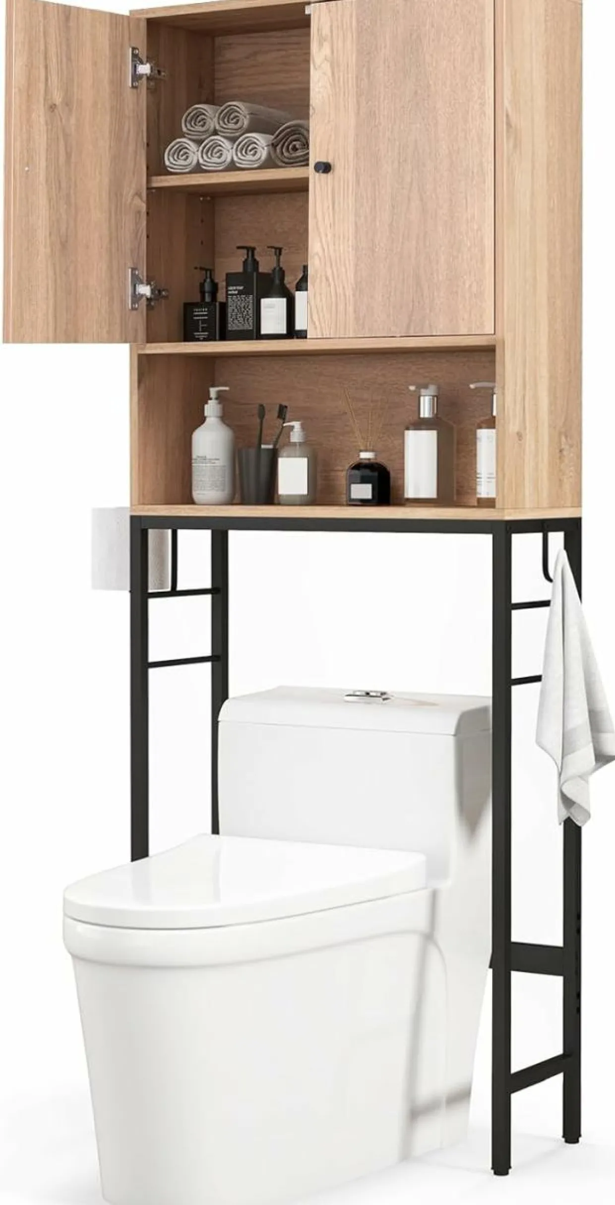 Tangkula Over The Toilet Storage Cabinet, Freestanding Toilet Rack w/ 2 Doors, Adjustable Shelf