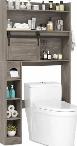 Tangkula Over The Toilet Storage Cabinet, Farmhouse Freestanding Above Toilet Rack w/Sliding Barn Door