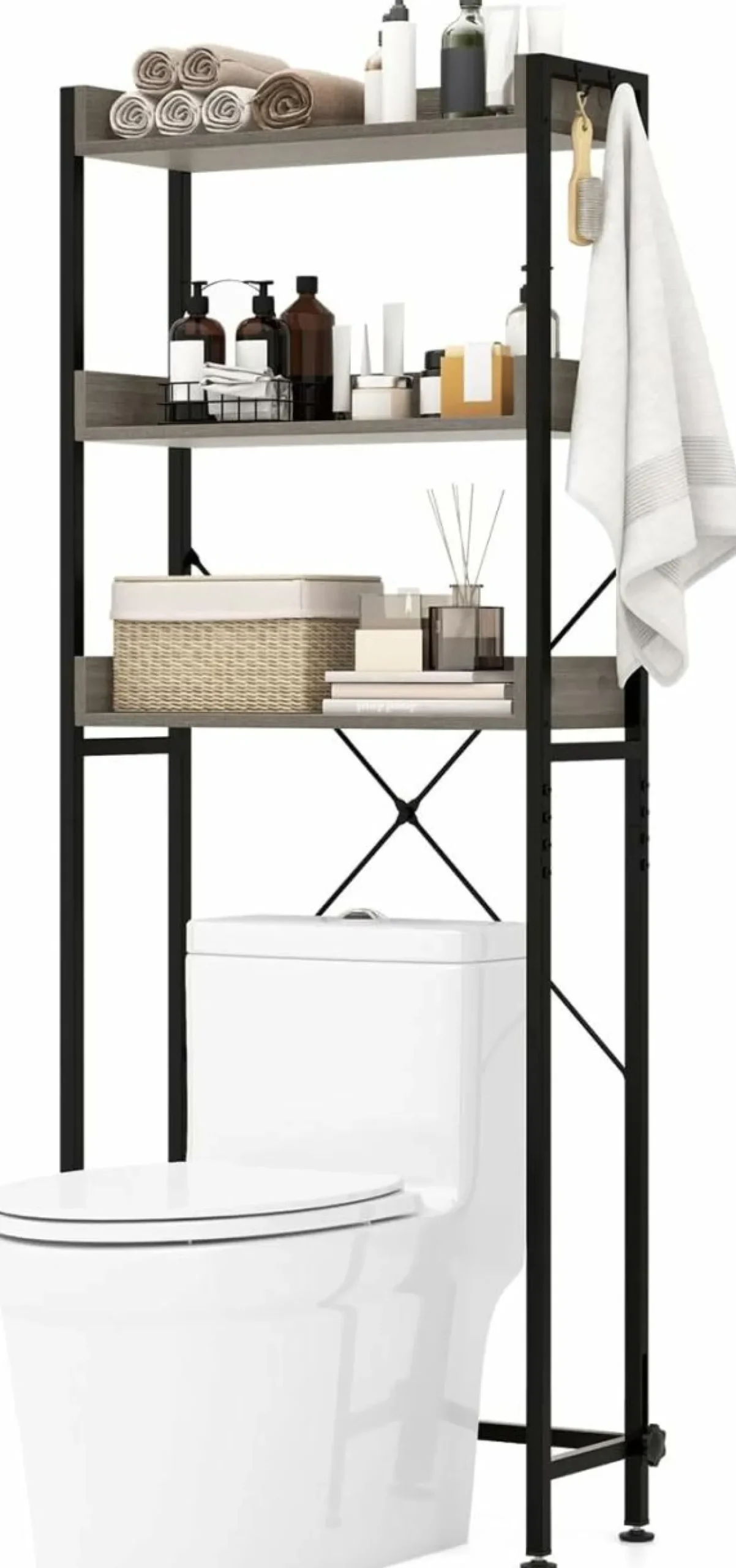 Tangkula Over The Toilet Storage Rack, 3-Tier Bathroom Space Saver w/ 4 Hooks & Adjustable Bottom Bar