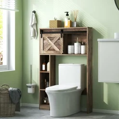 Tangkula Over The Toilet Storage Cabinet, Freestanding Bathroom Organizer Above Toilet with Sliding Barn Door & Storage Shelves